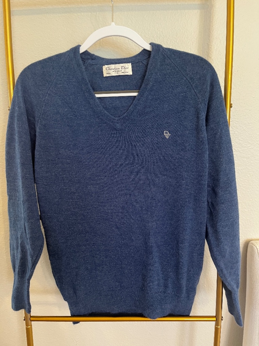 Vintage Christian Dior Monsieur Blue Wool V Neck Sweater Mens Small Embroidered